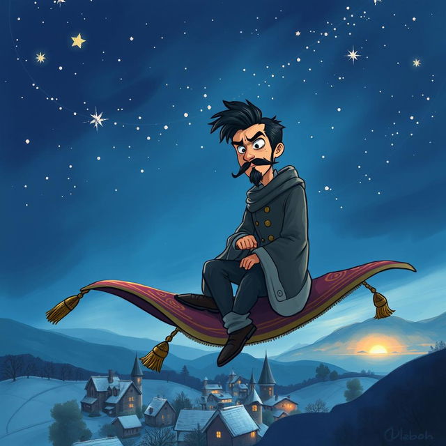 In a realistic, hand-drawn style, a handsome and determined wizard with short black hair and a stylish goatee is illustrated sitting on a magical carpet