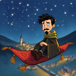 In a realistic, hand-drawn style, a handsome and determined wizard with short black hair and a stylish goatee is illustrated sitting on a magical carpet