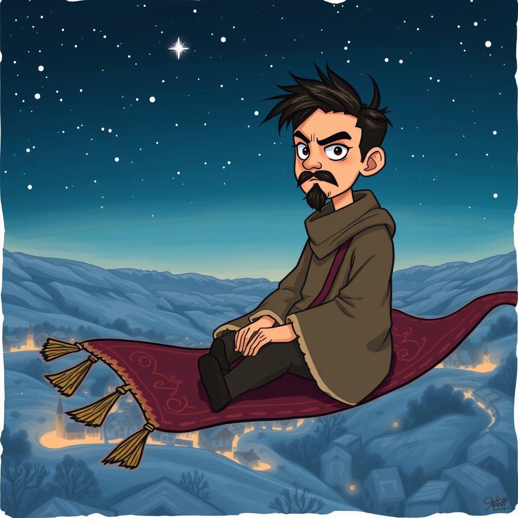 In a realistic, hand-drawn style, a handsome and determined wizard with short black hair and a stylish goatee is illustrated sitting on a magical carpet