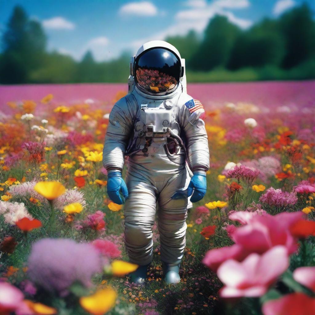 This is a 2:3 aspect ratio color photograph capturing a surreal scene of an astronaut standing tall amidst a vibrant field of blooming flowers