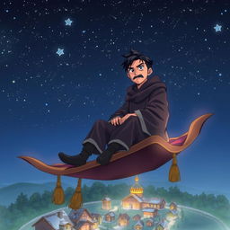 In a realistic anime style, a handsome and determined wizard with short black hair and a well-groomed goatee is depicted sitting on a magical carpet