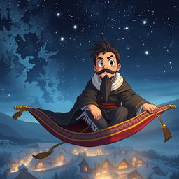 In a realistic anime style, a handsome and determined wizard with short black hair and a well-groomed goatee is depicted sitting on a magical carpet