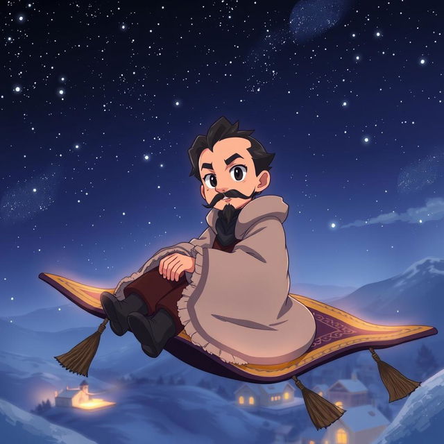 In a realistic anime style, a handsome and determined wizard with short black hair and a well-groomed goatee is depicted sitting on a magical carpet