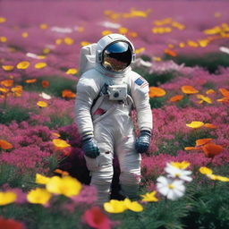 This is a 2:3 aspect ratio color photograph capturing a surreal scene of an astronaut standing tall amidst a vibrant field of blooming flowers