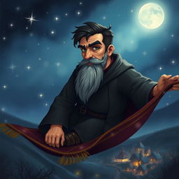 In a realistic style, a handsome and determined wizard with short black hair and a well-defined goatee is portrayed sitting on a magical carpet