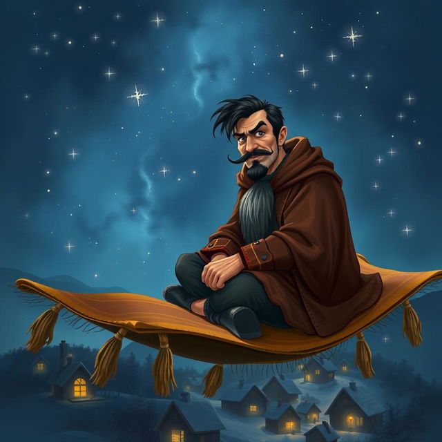 In a realistic style, a handsome and determined wizard with short black hair and a well-defined goatee is portrayed sitting on a magical carpet