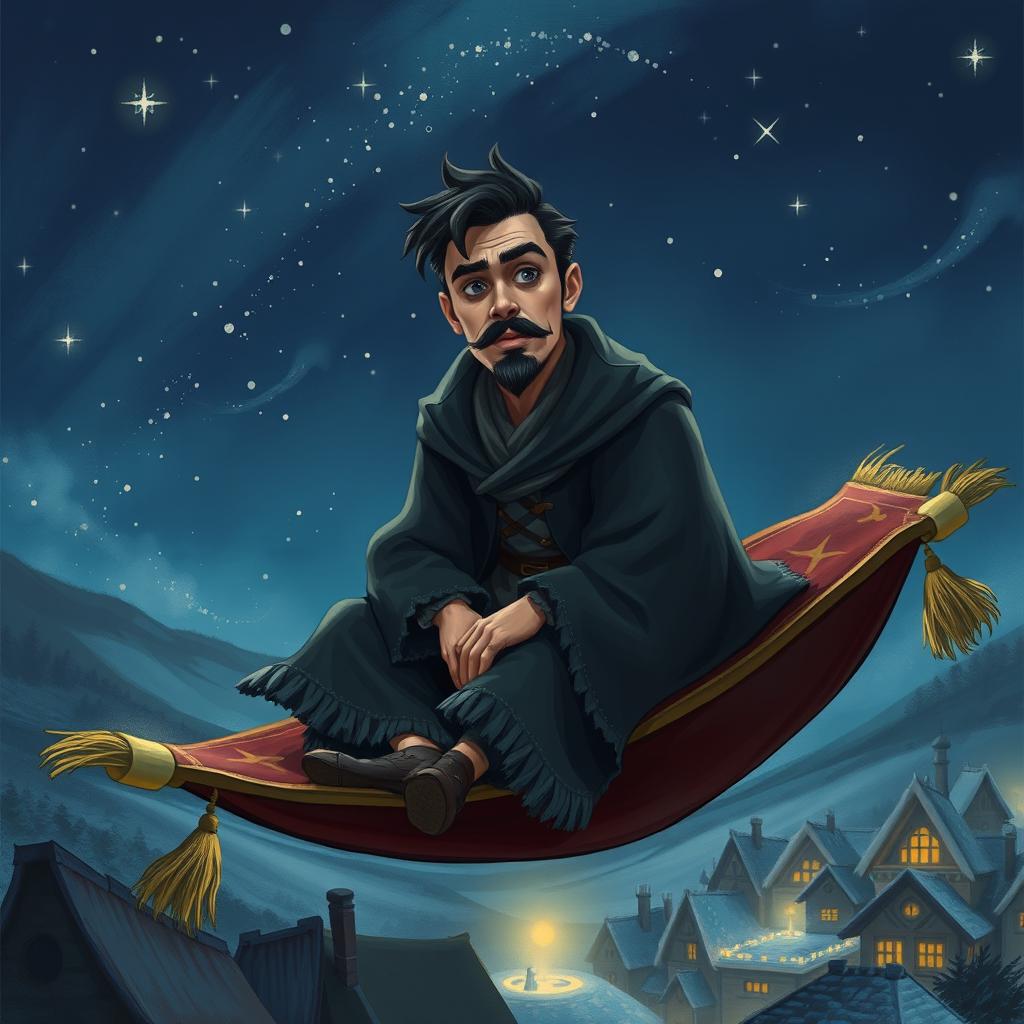 In a realistic style, a handsome and determined wizard with short black hair and a well-defined goatee is portrayed sitting on a magical carpet