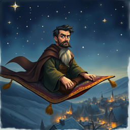In a realistic style, a handsome and determined wizard with short black hair and a well-defined goatee is portrayed sitting on a magical carpet