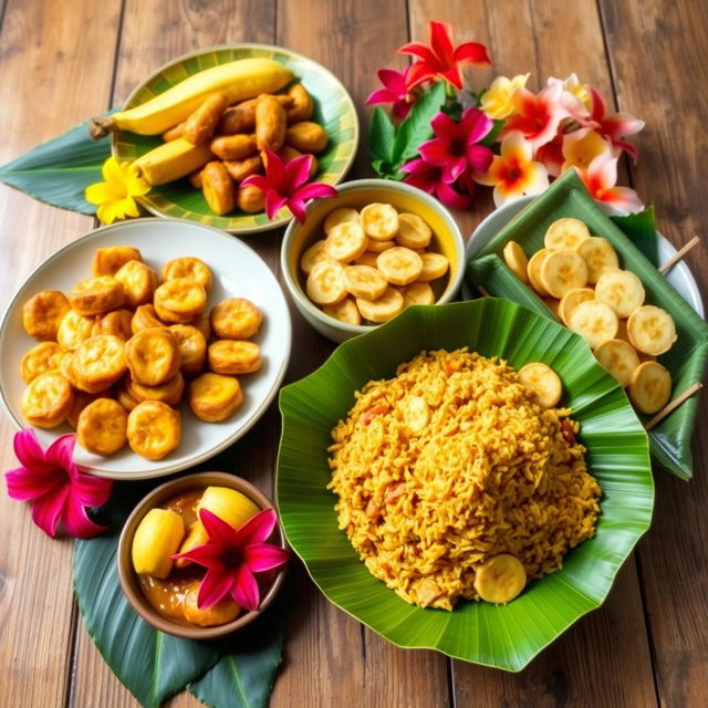 A vibrant display of traditional dishes featuring bananas, showcasing a variety of cultures