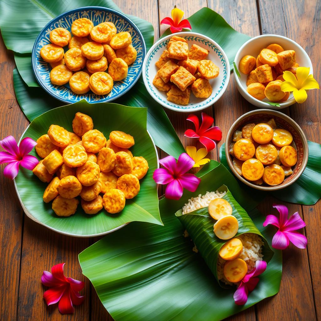 A vibrant display of traditional dishes featuring bananas, showcasing a variety of cultures