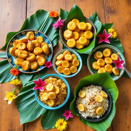 A vibrant display of traditional dishes featuring bananas, showcasing a variety of cultures