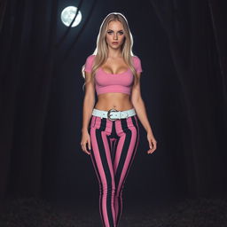 A sexy and beautiful young woman with an innocent allure, featuring an hourglass figure, medium breasts, and very low, wide, saddlebag hips