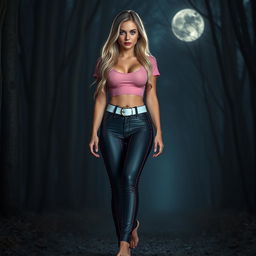 A sexy and beautiful young woman with an innocent allure, featuring an hourglass figure, medium breasts, and very low, wide, saddlebag hips