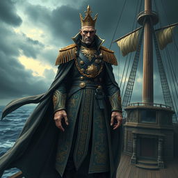 A tall, skinny, and intimidating figure representing the Lord Admiral of the Varangian Empire, wearing an ornate naval uniform adorned with intricate gold embroidery and military medals