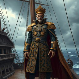 A tall, skinny, and intimidating figure representing the Lord Admiral of the Varangian Empire, wearing an ornate naval uniform adorned with intricate gold embroidery and military medals
