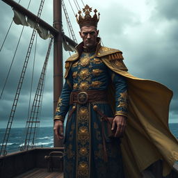 A tall, skinny, and intimidating figure representing the Lord Admiral of the Varangian Empire, wearing an ornate naval uniform adorned with intricate gold embroidery and military medals