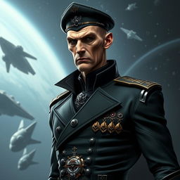 A tall, skinny, and intimidating figure serving as the Lord Admiral of the Varangian Empire, standing confidently in a sleek black uniform with intricate details and a high, sharp collar