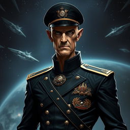 A tall, skinny, and intimidating figure serving as the Lord Admiral of the Varangian Empire, standing confidently in a sleek black uniform with intricate details and a high, sharp collar