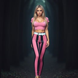 A sexy and beautiful young woman with an innocent charm, showcasing a long hourglass shape, medium breasts, and very low, wide, saddlebag hips