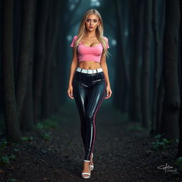 A sexy and beautiful young woman with an innocent charm, showcasing a long hourglass shape, medium breasts, and very low, wide, saddlebag hips