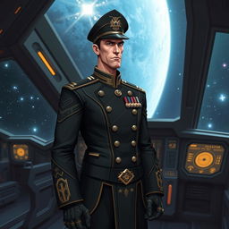 A tall and skinny confident Lord Admiral of the Varangian Empire, standing in a commanding pose, dressed in a sleek black uniform with intricate designs, adorned with medals and insignia that signify his rank