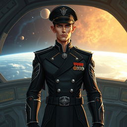 A tall and skinny confident Lord Admiral of the Varangian Empire, standing in a commanding pose, dressed in a sleek black uniform with intricate designs, adorned with medals and insignia that signify his rank