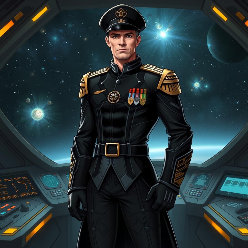 A tall and skinny confident Lord Admiral of the Varangian Empire, standing in a commanding pose, dressed in a sleek black uniform with intricate designs, adorned with medals and insignia that signify his rank