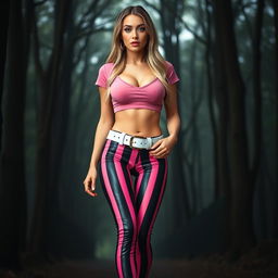 A sexy and beautiful young woman with an innocent charm, showcasing a long hourglass shape, medium breasts, very low and wide bimbo hips, a plump belly, and long, thick, shapely legs