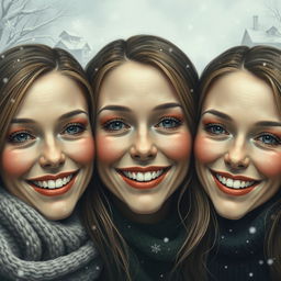 In a realistic style, the image features three women's faces that fill the frame