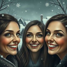 In a realistic style, the image features three women's faces that fill the frame