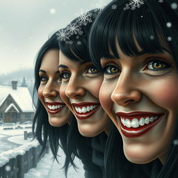 In a realistic style, the image features three women's faces that fill the frame