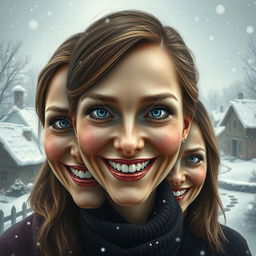 In a realistic style, the image features three women's faces that fill the frame