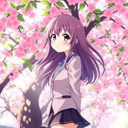 An anime high school girl with long, flowing hair and a confident smirk, standing under a vibrant cherry blossom tree in full bloom