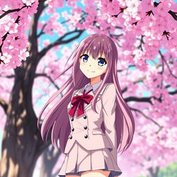 An anime high school girl with long, flowing hair and a confident smirk, standing under a vibrant cherry blossom tree in full bloom