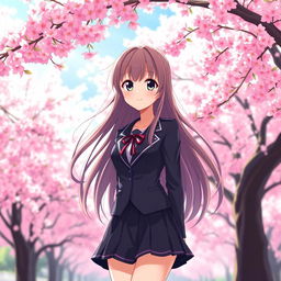 An anime high school girl with long, flowing hair and a confident smirk, standing under a vibrant cherry blossom tree in full bloom