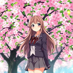 An anime high school girl with long, flowing hair and a confident smirk, standing under a vibrant cherry blossom tree in full bloom