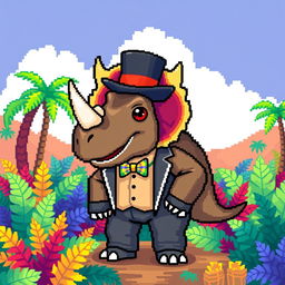 A pixel art representation of a dapper triceratops, dressed in a charming outfit including a tailored suit, a colorful bow tie, and a stylish top hat