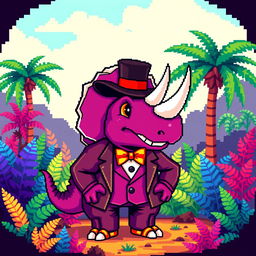 A pixel art representation of a dapper triceratops, dressed in a charming outfit including a tailored suit, a colorful bow tie, and a stylish top hat