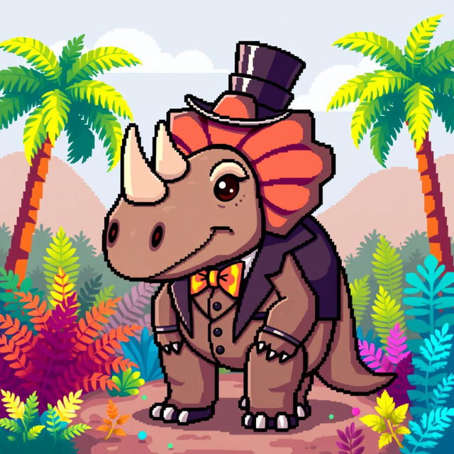 A pixel art representation of a dapper triceratops, dressed in a charming outfit including a tailored suit, a colorful bow tie, and a stylish top hat