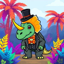 A pixel art representation of a dapper triceratops, dressed in a charming outfit including a tailored suit, a colorful bow tie, and a stylish top hat