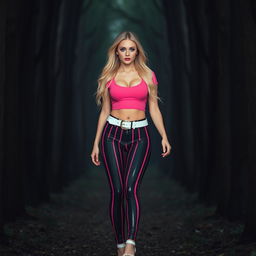 A sexy and beautiful young woman with an innocent essence, featuring soft facial features, a long hourglass shape, medium breasts, and extra wide hips