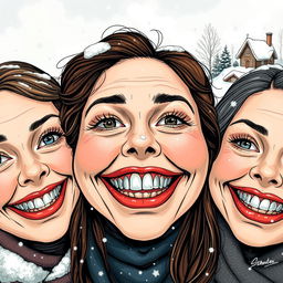 In a realistic, hand-drawn style, the image showcases three women's faces that dominate the frame