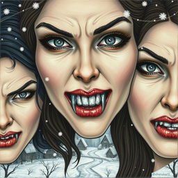 In a realistic, hand-drawn style, the image features three human women's faces that fill the frame