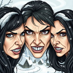 In a realistic, hand-drawn style, the image features three human women's faces that fill the frame