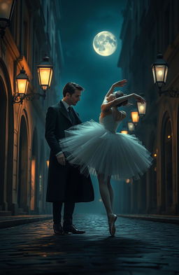 A romantic scene depicting a suave and mysterious mastermind of a group of thieves, characteristically dressed in elegant black attire, standing in a dimly lit, glamorous city street filled with antique street lamps