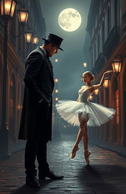 A romantic scene depicting a suave and mysterious mastermind of a group of thieves, characteristically dressed in elegant black attire, standing in a dimly lit, glamorous city street filled with antique street lamps