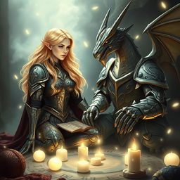 In a mystical setting, a blonde elf knight is portrayed communing with her grandmother's spirit during a seance