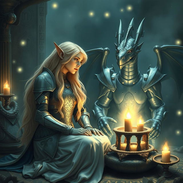 In a mystical setting, a blonde elf knight is portrayed communing with her grandmother's spirit during a seance