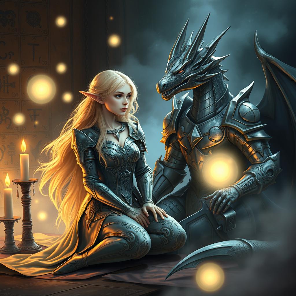 In a mystical setting, a blonde elf knight is portrayed communing with her grandmother's spirit during a seance