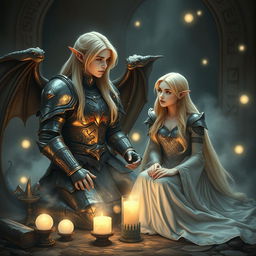In a mystical setting, a blonde elf knight is portrayed communing with her grandmother's spirit during a seance